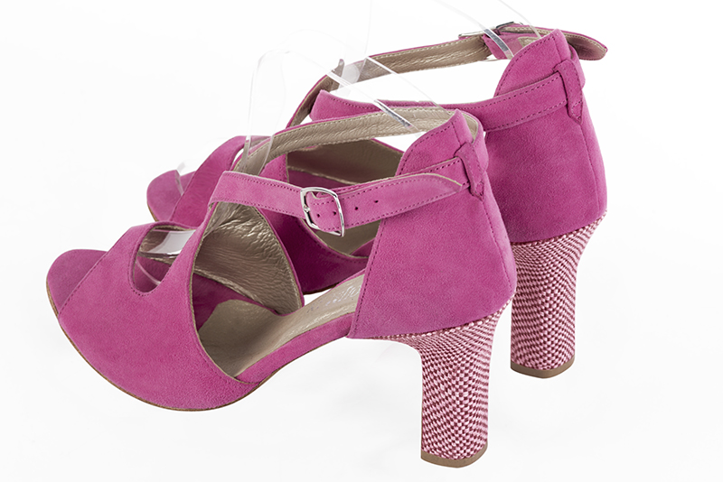 Shocking pink women's closed back sandals, with crossed straps. Round toe. High kitten heels. Rear view - Florence KOOIJMAN